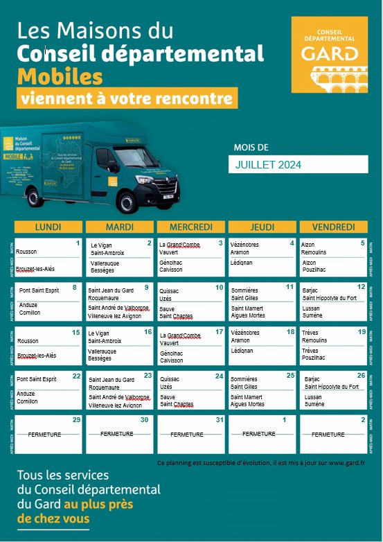 Planning Maisons du Conseil Départemental Mobiles juillet et septembre 2024