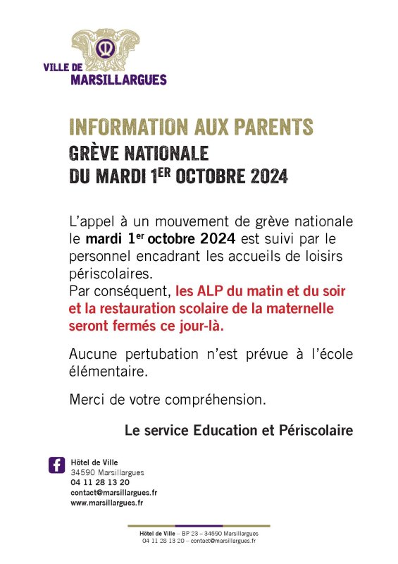 INFORMATION AUX PARENTS : grève mardi 1er octobre 2024