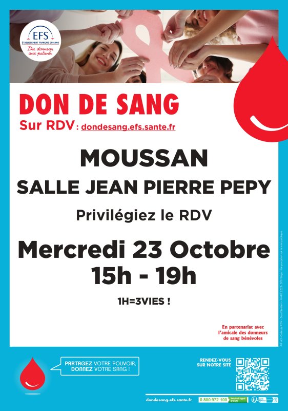 DON DE SANG. MOUSSAN SALLE JEAN-PIERRE PEPY MERCREDI 23 OCTOBRE 15h-19h