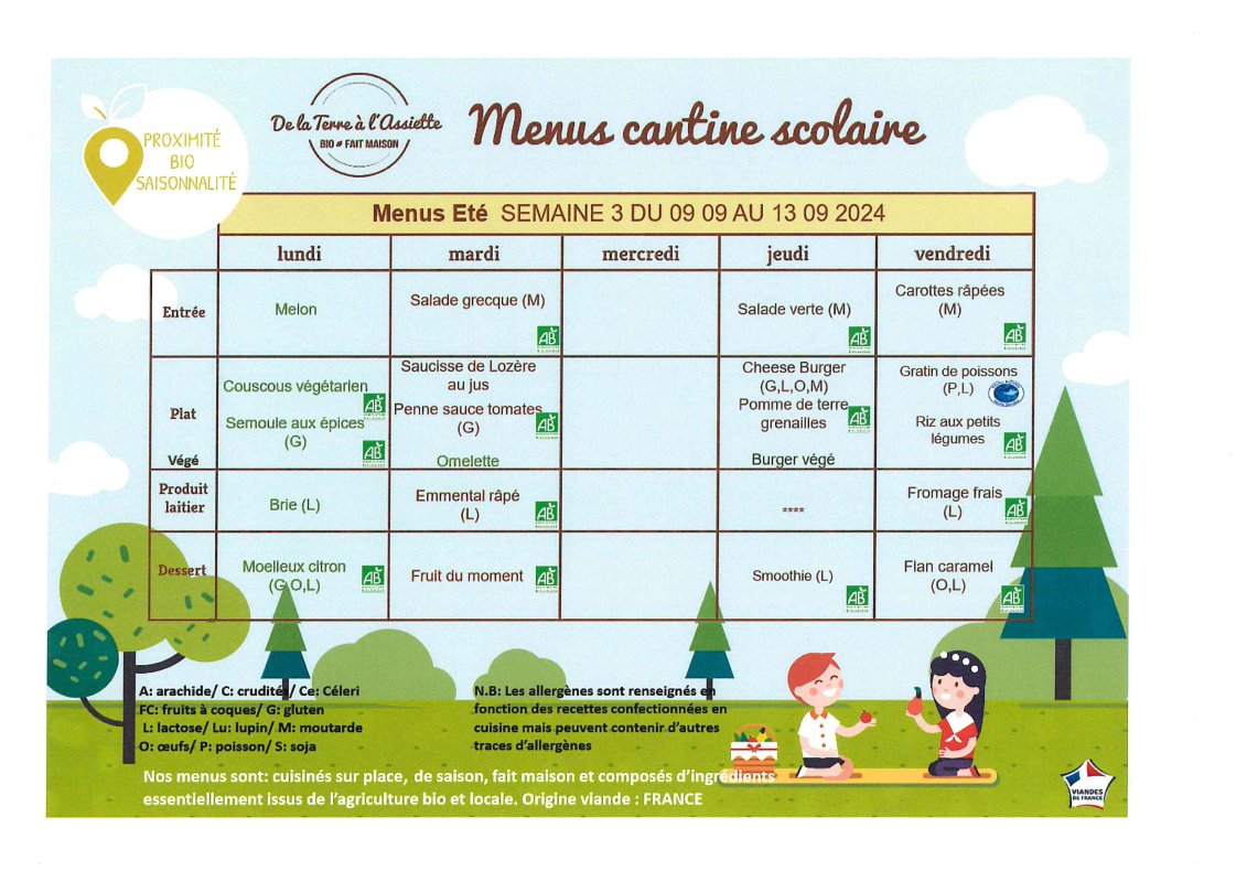 Menus restauration scolaire du 9 au 13 Septembre 2024