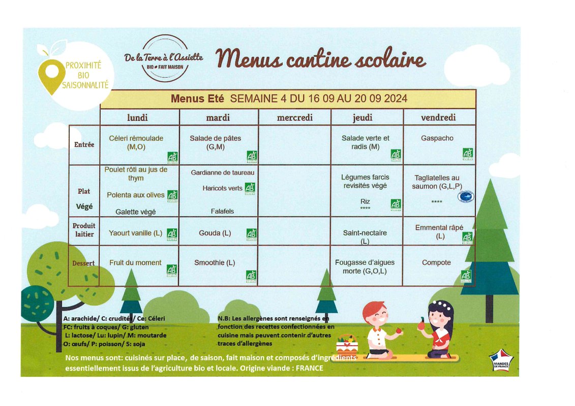 Menus restauration scolaire du 16 au 20 Septembre 2024