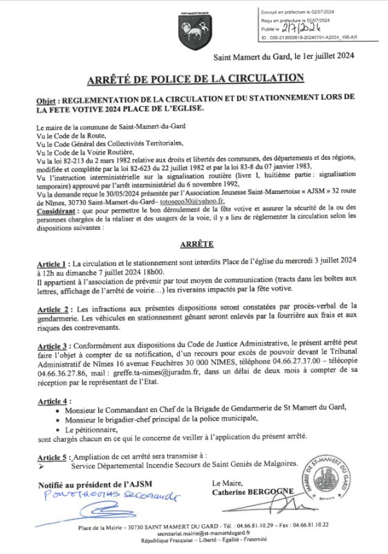 Arrêté de police de la circulation - fête votive