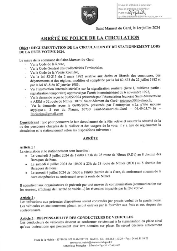 Arrêté de police de la circulation - fête votive