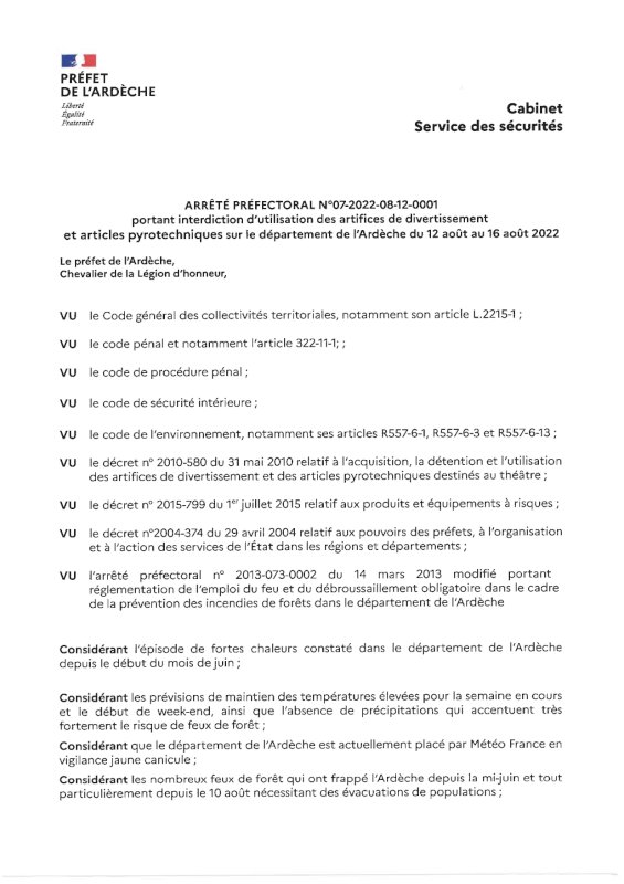 Arrêté préfectoral portant interdiction d'utilisation des artifices de divertissement et articles pyrotechniques sur le département de l'Ardèche