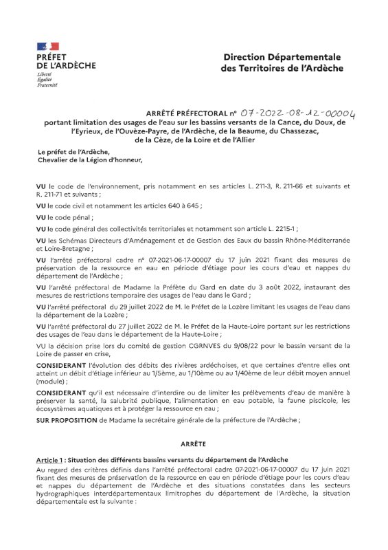 Limitation de l'usage de l'eau - Nouvel arrêté préfectoral du 12/08/2022