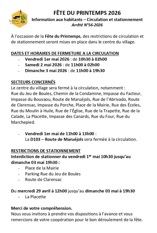 CIRCULATION ET STATIONNEMENT 🚫 F&Ecirc;TE DU PRINTEMPS 2026 🐂