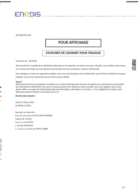 Coupure de courant mardi 17 f&eacute;vrier 2026