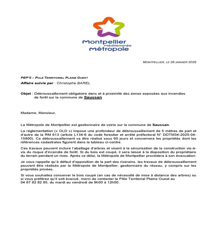 D&eacute;broussaillement obligatoire dans et &agrave; proximit&eacute; des zones expos&eacute;es aux incendies de for&ecirc;t sur la commune de Saussan