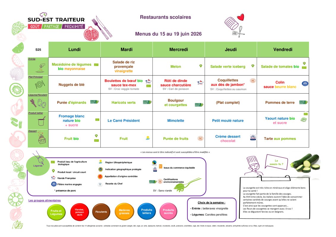 MENU RESTAURANT SCOLAIRE DU 15 AU 19 JUIN
