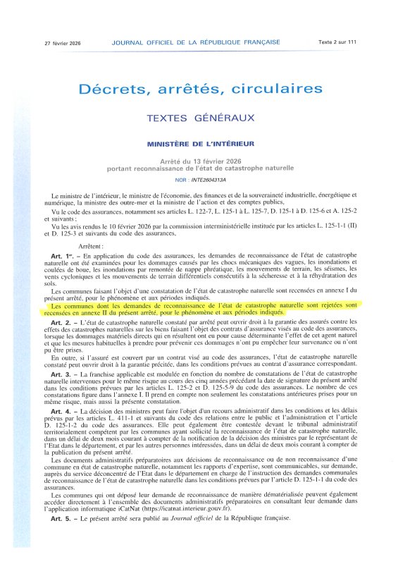 Non reconnaissance &eacute;tat catastrophe naturelle s&eacute;cheresse 2025