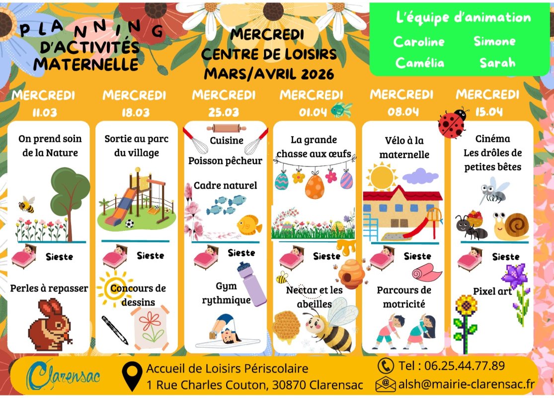 PLANNING CENTRE DE LOISIRS MERCREDI - P&eacute;riode Mars/Avril