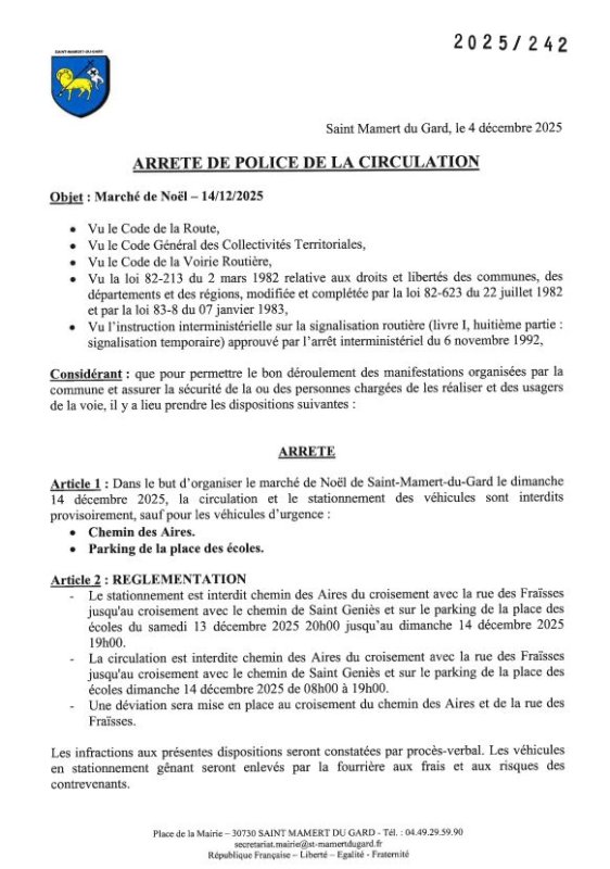 Arr&ecirc;t&eacute; de police de la circulation - March&eacute; de Noel - 14/12/2025