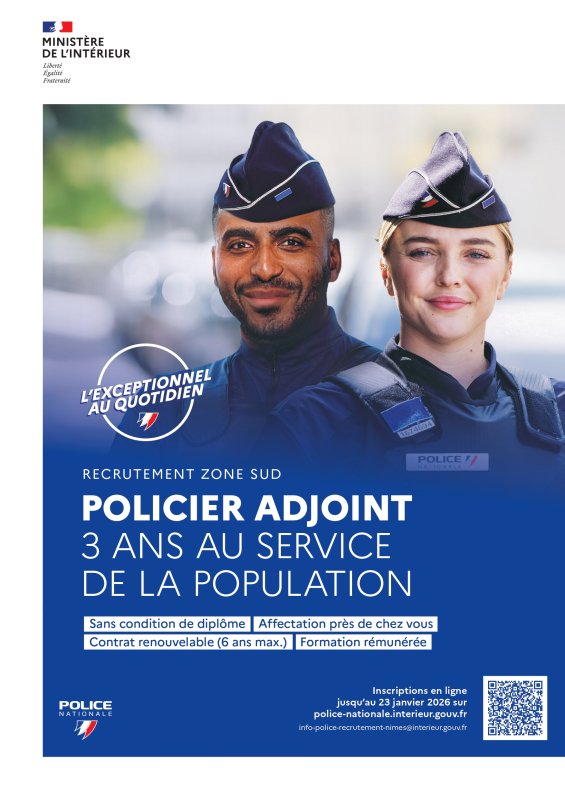 Campagne de recrutement de policier adjoint du 22/12/25 au 23/01/26 en zone Sud.