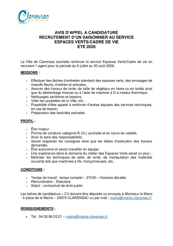 OFFRE D'EMPLOI SAISONNIER ESPACES VERTS - CADRE DE VIE