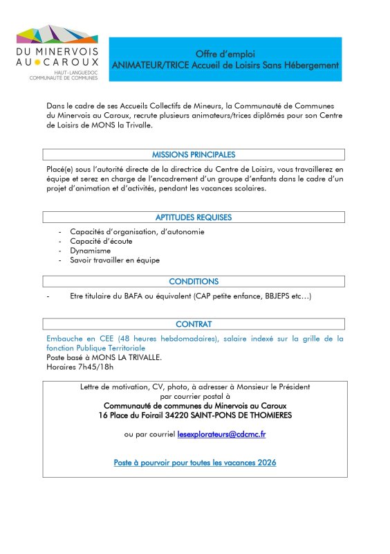 OFFRE D'EMPLOI CDCMC MONS LA TRIVALLE