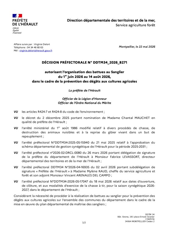 Autorisation organisation battues au Sanglier au 1er juin 2026 - PARDAILHAN