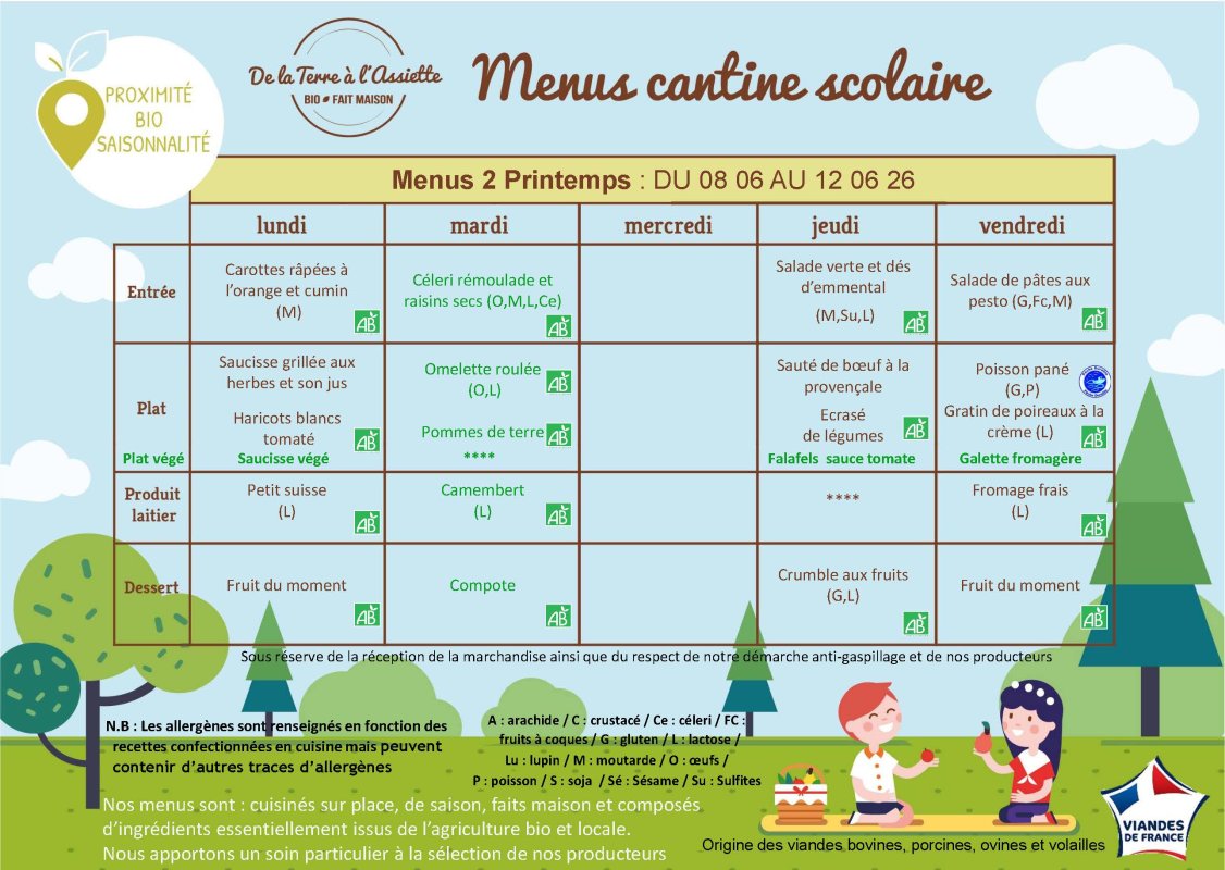 Menus restauration scolaire du 8 au 12 juin 2026