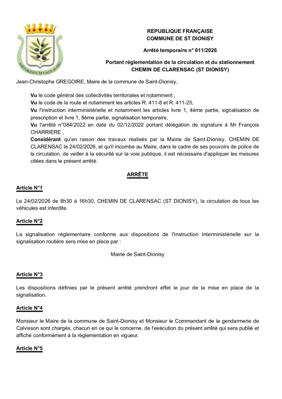 INFORMATION DE LA MAIRIE DE ST DIONISY