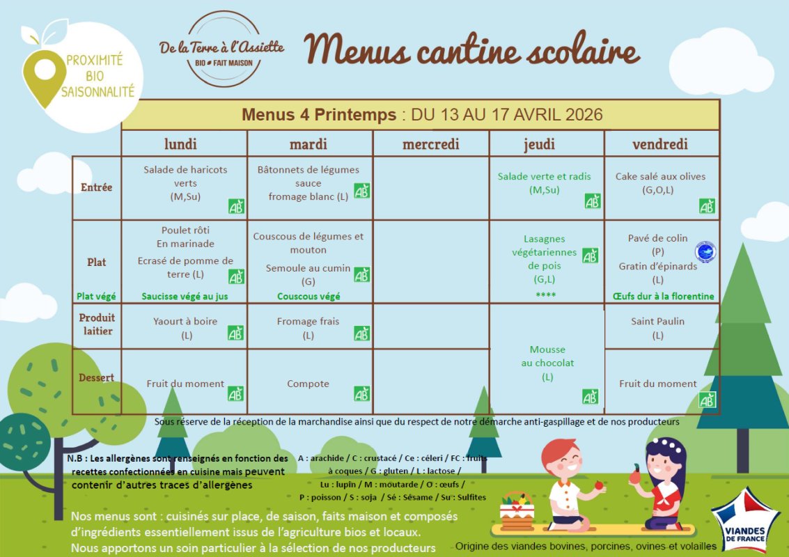 Menus restauration scolaire du 13 au 17 avril 2026