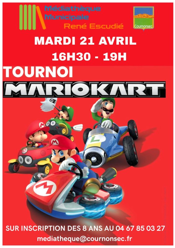 Tournoi MarioKart d&egrave;s 8 ans le 21avril de 16h30 &agrave; 19h