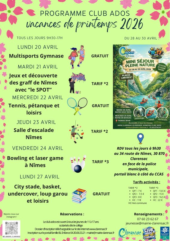 PROGRAMME CLUB ADOS - VACANCES D'AVRIL