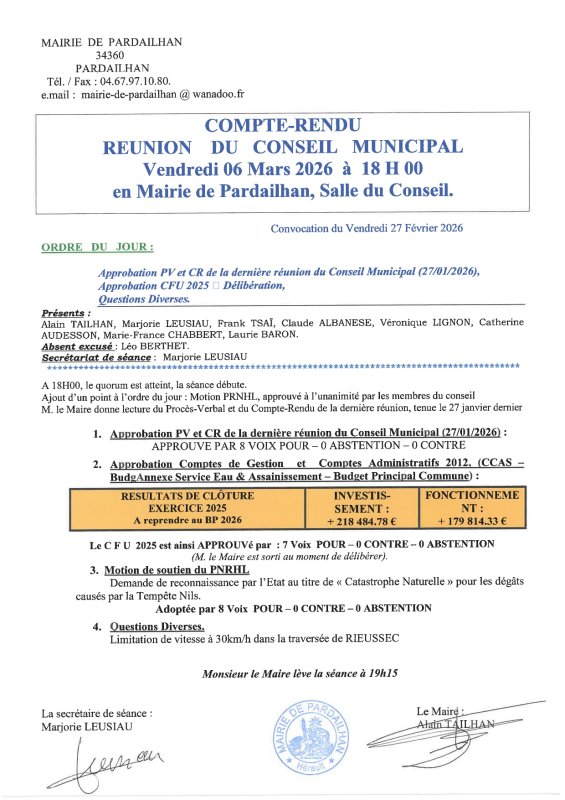 COMPTE-RENDU APPROUV&eacute; - REUNION CONSEIL MUNICIPAL DU 06 MARS 2026