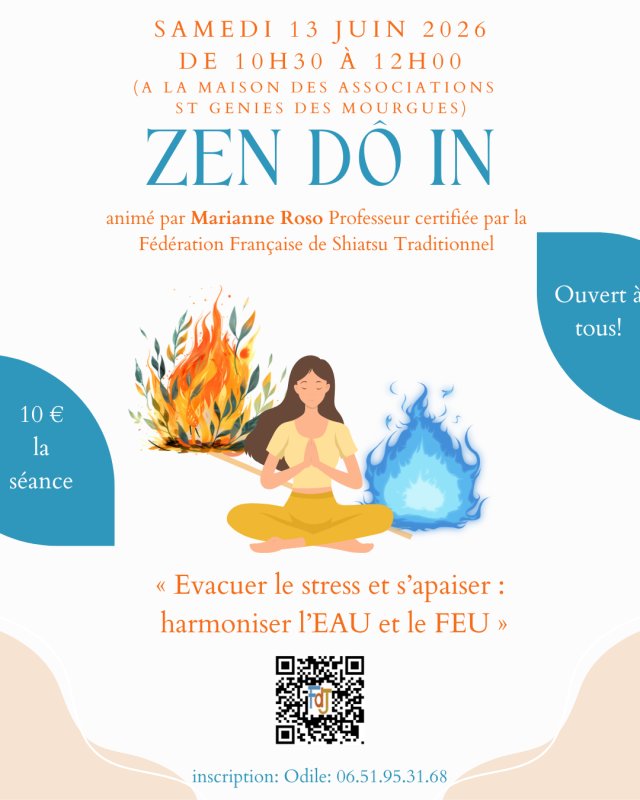 [FDJ] Atelier ZenDoIn Samedi 13 juin 2026 10h30 &agrave; 12h : Evacuer le stress et s&rsquo;apaiser : harmoniser l&rsquo;EAU et le FEU