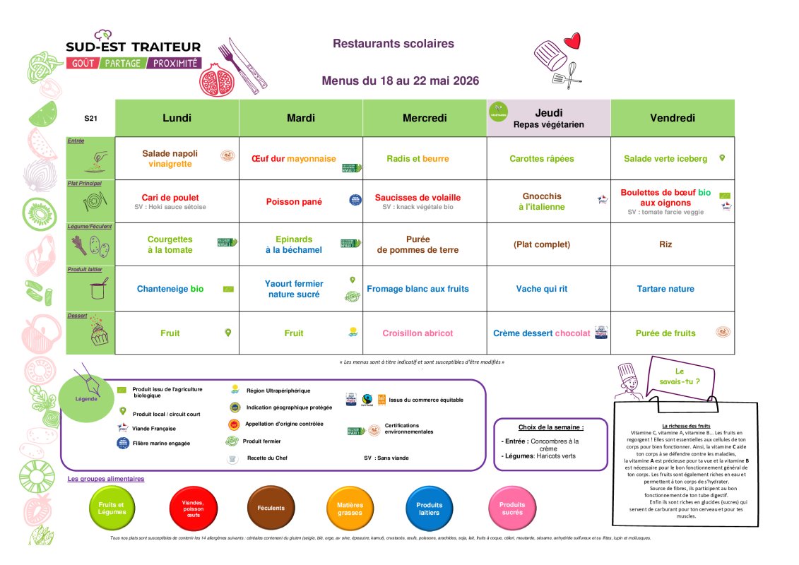 MENU RESTAURANT SCOLAIRE DU 18 AU 22 MAI