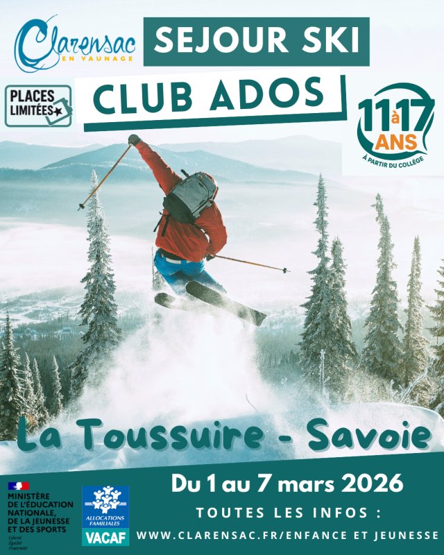 S&Eacute;JOUR SKI Club Ados du 1er au 7 mars 2026