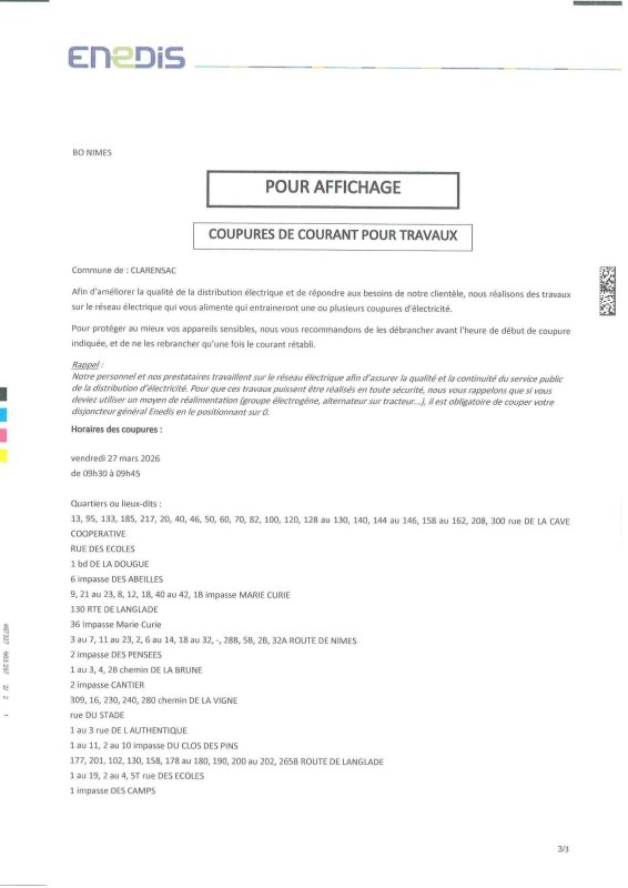 RAPPEL - Coupure d'&eacute;lectricit&eacute; 27 mars 2026