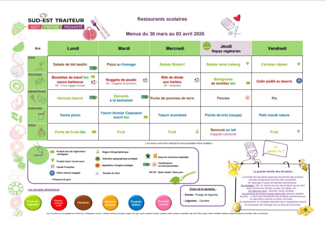 Menu cantine du 30 mars au 3 avril 2026