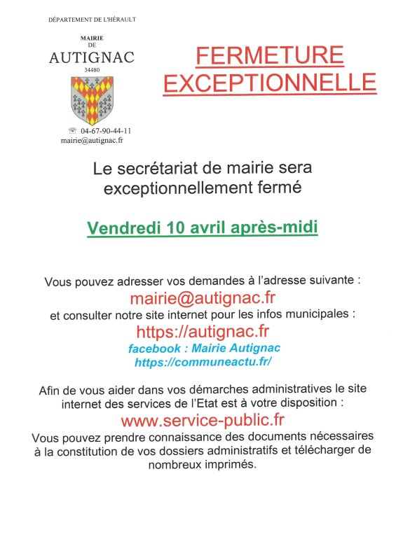 FERMETURE EXCEPTIONNELLE MAIRIE