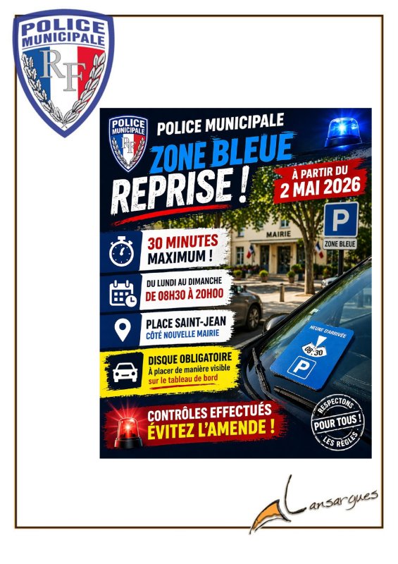 📢 Reprise de la zone bleue &agrave; compter du 2 mai 2026