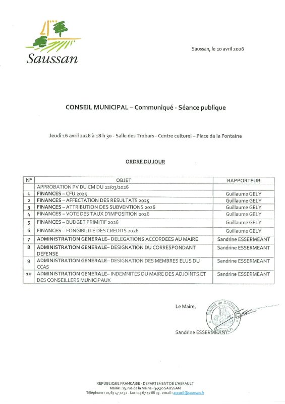 R&eacute;union du Conseil municipal Jeudi 16 avril, 18 h 30, salle des Trobars