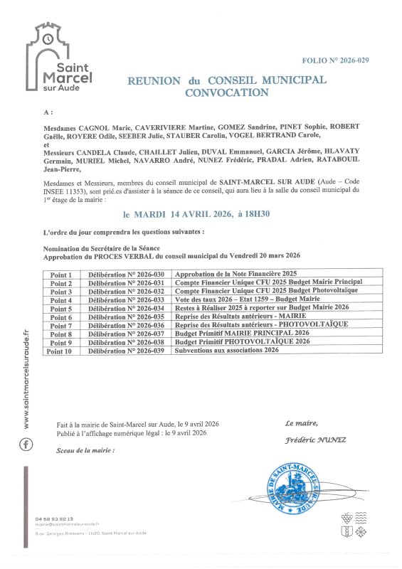 CONSEIL MUNICIPAL : MARDI 14 AVRIL 2026. SALLE DU CONSEIL 18h30.