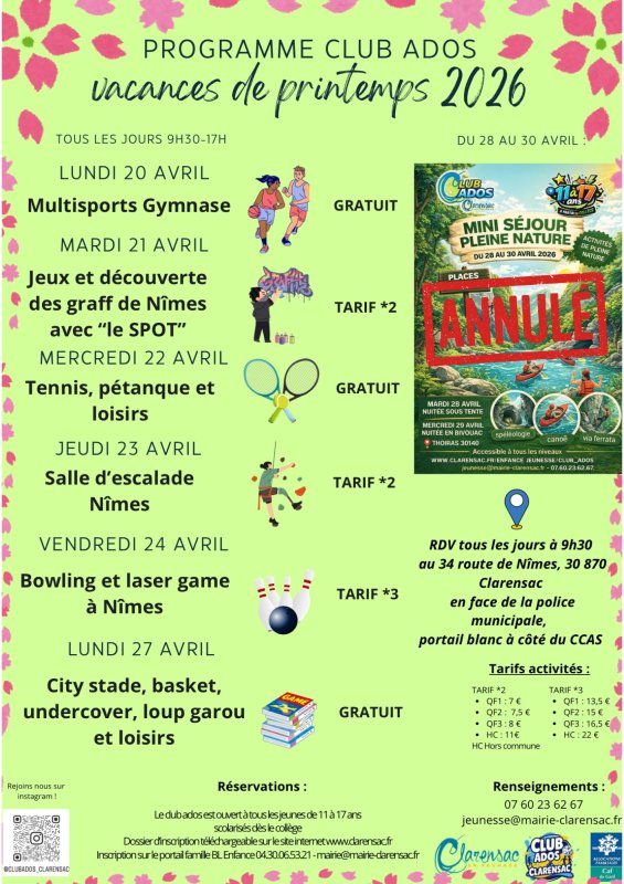 PROGRAMME CLUB ADOS - VACANCES D'AVRIL