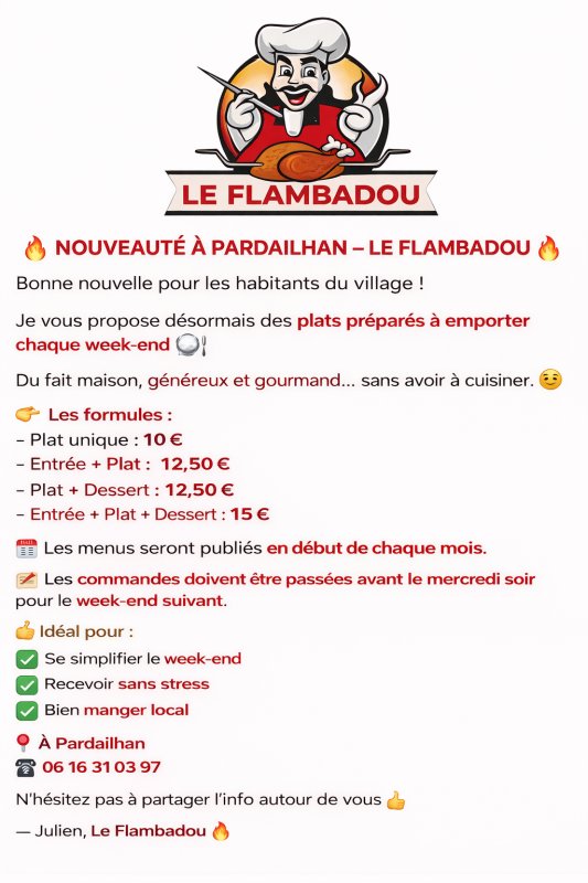 Prestation de plats pr&eacute;par&eacute;s &agrave; emporter &agrave; Pardailhan