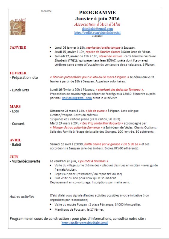 Programme d'Aici d'Alai du 1er semestre 2026 // bal&egrave;ti bal folk du 18 avril avec "De Si de La"