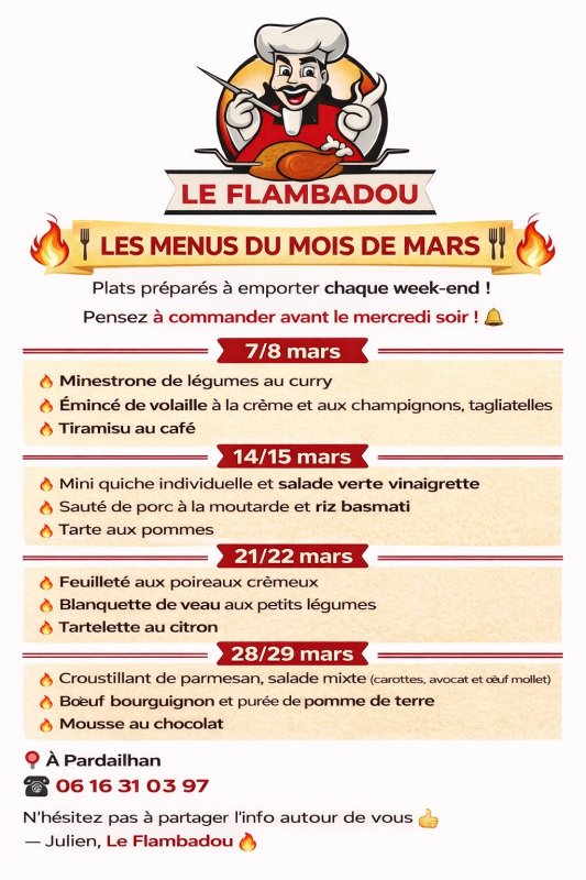 Le Flambadou vous propose ses menus du mois de mars