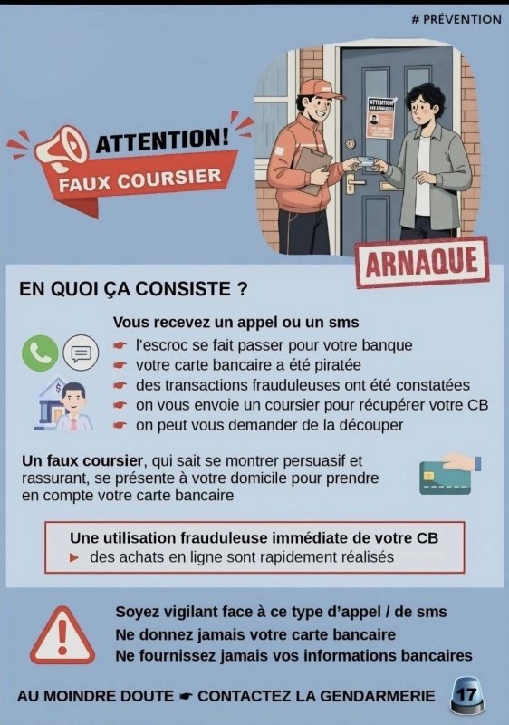 ALERTE ESCROQUERIE : ARNAQUE AUX FAUX COURSIERS.