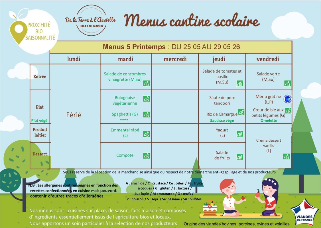 Menus restauration scolaire du 26 au 29 mai 2026