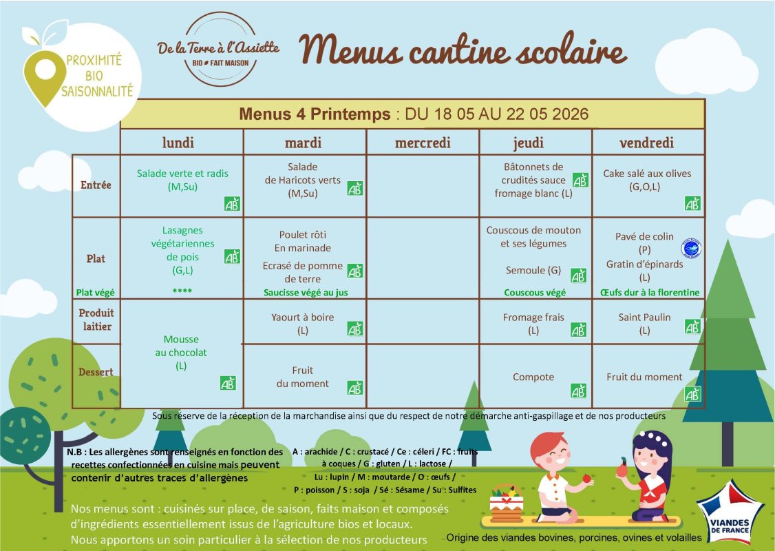 Menus restauration scolaire du 18 au 22 mai 2026