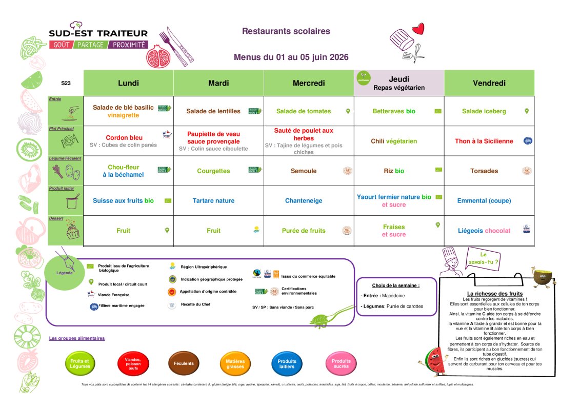 Restaurant scolaire - Menu du 1 au 5 juin 2026