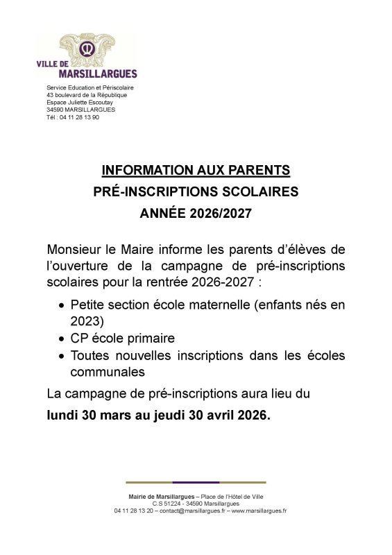 ⚠️RAPPEL La campagne de pr&eacute;-inscriptions scolaires prendra fin le 30 avril 2026.