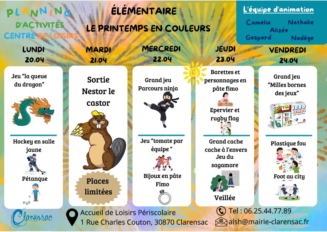 PLANNING DU CENTRE DE LOISIRS - VACANCES D'AVRIL