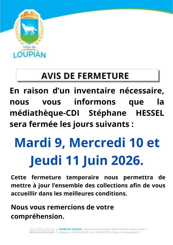 En raison d&rsquo;un inventaire n&eacute;cessaire, nous vous informons que la m&eacute;diath&egrave;que-CDI St&eacute;phane HESSEL sera ferm&eacute;e les jours suivants : 𝐌𝐚𝐫𝐝𝐢 𝟗, 𝐌𝐞𝐫𝐜𝐫𝐞𝐝𝐢 𝟏𝟎 𝐞𝐭 𝐉𝐞𝐮𝐝𝐢 𝟏𝟏 𝐉𝐮𝐢𝐧
