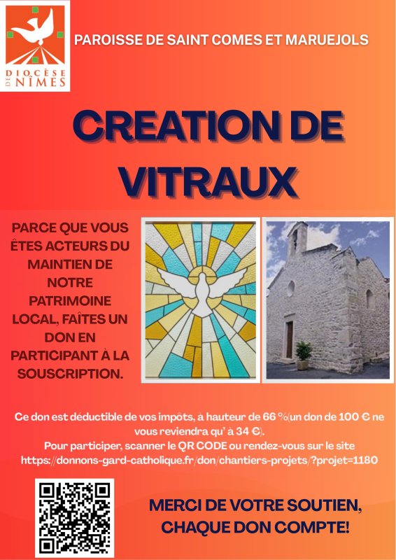 Paroisse catholique : Dons pour la cr&eacute;ation de vitraux pour l'&eacute;glise de Saint-C&ocirc;me-et-Maru&eacute;jols