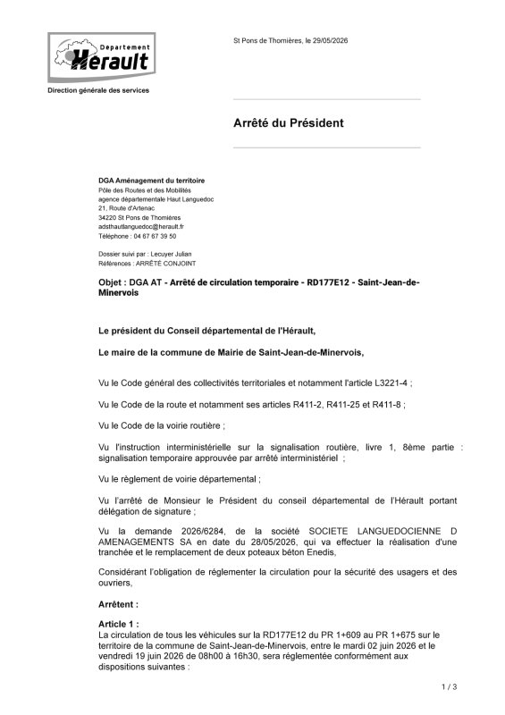 ARRETE de VOIRIE - BARROUBIO DU 02 AU 19/06/2026